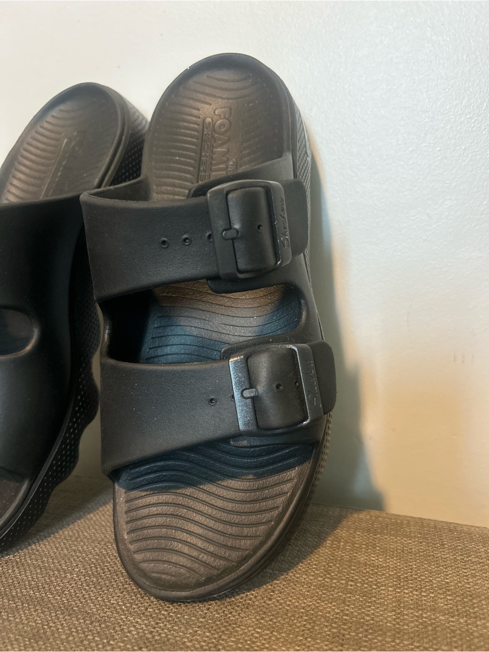 Skechers Foamies Black Slide Sandals with Adjustable Buckles - Picture 2 of 8